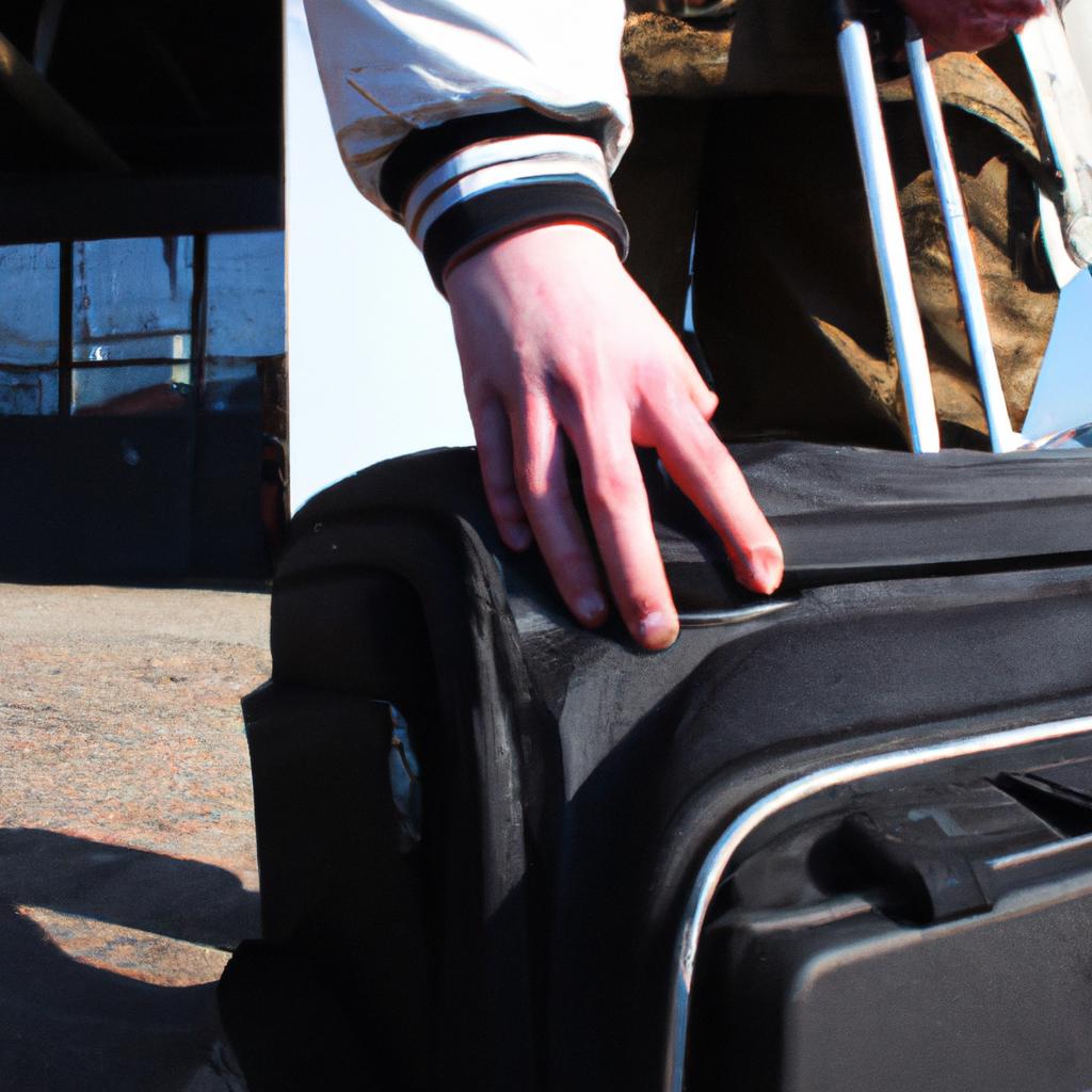 Person holding suitcase, checking out